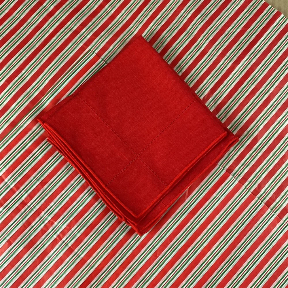 60s vintage red linen cocktail or dinner napkins with hemstitch edge set of 4